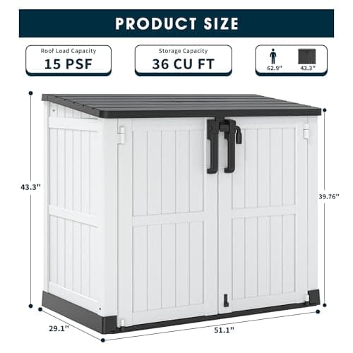Outdoor Resin Storage Shed 36 Cu. Ft. Garden Horizontal Storage Large Capacity Weather Resistant Storage Box, Lockable Resin Waterproof Shed for Garbage Cans, Garden Tools