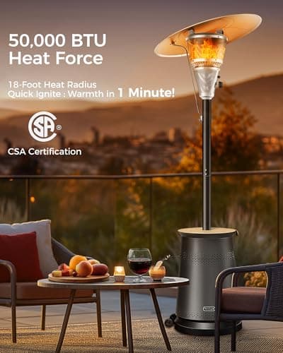 50,000 BTU Patio Heater for Outdoor Use With Adjustable Heat Focusing Top, Table Design, Stainless Steel Burner, Wheels,Propane Heater for Garden, Commercial and Residential, Black