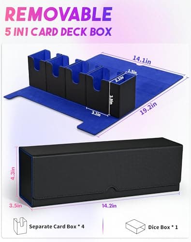 Modern Black&Blue Card Deck Box with Dice Tray for MTG, Yugioh, Sports Cards, Holds 800+ Unsleeved Cards, 5-in-1 Organizer with Playmat Lid