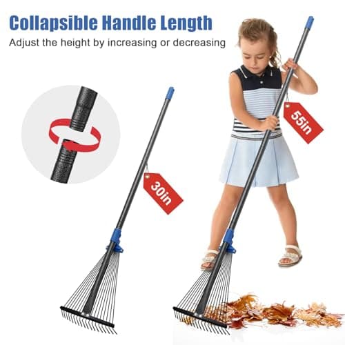 Adjustable Metal Leaf Rake Long Handle, 60 inch Garden Rakes for Lawns Heavy Duty Leaves with Expandable Head 8-17", Yard Women Kids Rake for Gardening RV Camping