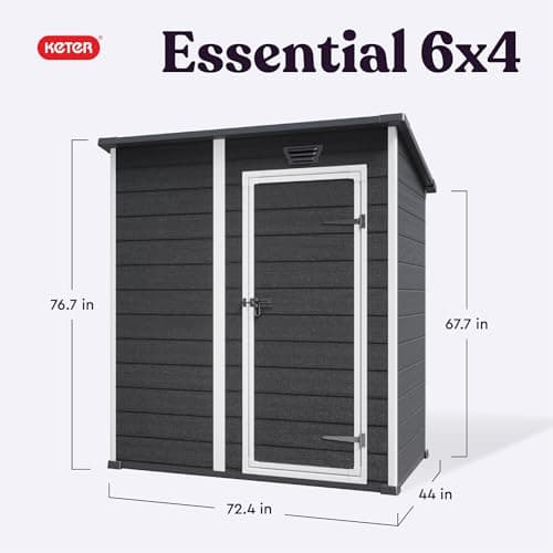 Keter Essential Shed 6x4 Resin Outdoor Storage Shed Ideal Storage for Patio Furniture, Garden Tools Bike Accessories, Beach Chairs and Lawn Mower, Black and White