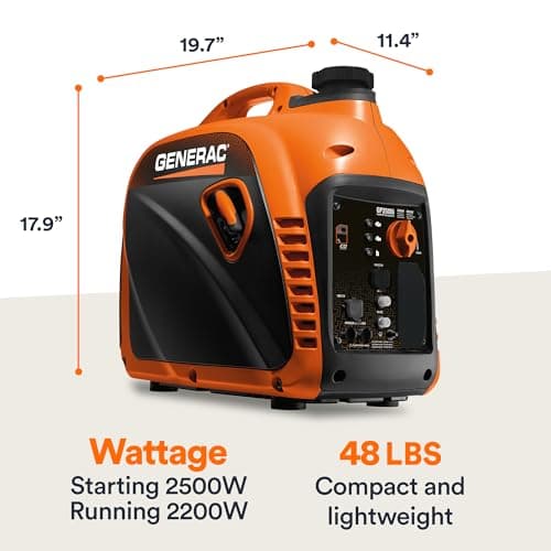 Generac 2,500-Watt Gas Powered Portable Inverter Generator - Compact and Lightweight Design - Produces Clean, Stable Power - COsense Technology - Perfect for Home use - Orange/Black