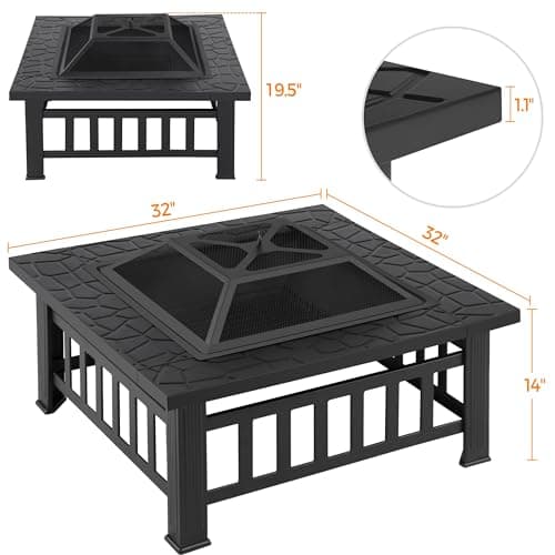Yaheetech Multifunctional Fire Pit Table 32in Square Metal Firepit Stove Backyard Patio Garden Fireplace for Camping, Outdoor Heating, Bonfire and Picnic