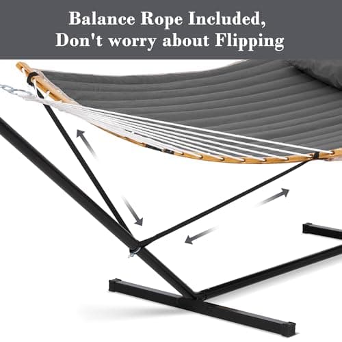 SUNCREAT Double Portable Hammock with Stand, 2 Person Hammock with Curved Spreader Bar, Balance Ropes Included, Dark Gray