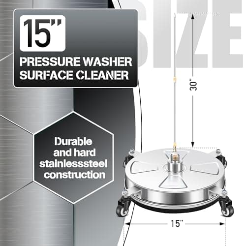 15" Pressure Washer Surface Cleaner with 4 Wheels - Stainless Steel Surface Cleaner for Pressure Washer Attachment for Concrete, Patio, Sidewalk, Deck, Driveways and Daily Washing - PWS 15
