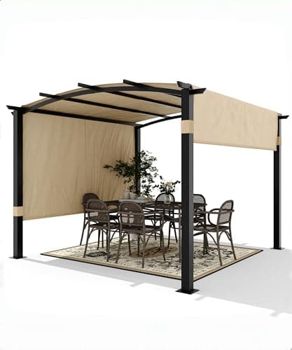 10 x 10 Ft Outdoor Arched Pergola, Metal Pergola with Retractable Canopy, Arched Style Gazebos for Backyard, Lawn, Patios (Khaki)