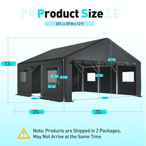 Bepatio 2 Car Carport, 20x20 Metal Carport Heavy Duty, Extra Large Car Port with Roll-Up Windows & Doors, Portable Garage Car Shelter All Weather