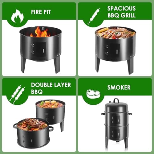 17-Inch Vertical 17-Inch 3-in-1 Charcoal BBQ Smoker, Heavy-Duty Portable Outdoor Grill with Built-in Thermometer, Dual Air Vents, and Multi-Level Cooking for Camping & Backyard Parties