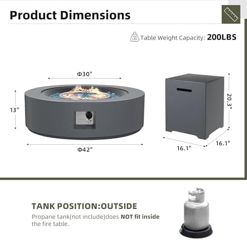 UPHA 42-inch Outdoor Propane Gas Fire Pit Table 50000 BTU Concrete Round FirePit for Outside Patio with Propane Tank Cover, Blue Glass Rocks, Rain Cover, Grey