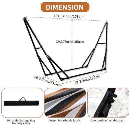 Hammock with Foldable Steel Stand,Frabic Tension Adjustable,Carrying Bag Included, 616 lbs Weight Capacity, Portable Suitable for Outside Garden Yard Outdoor Inhouse Multicolour