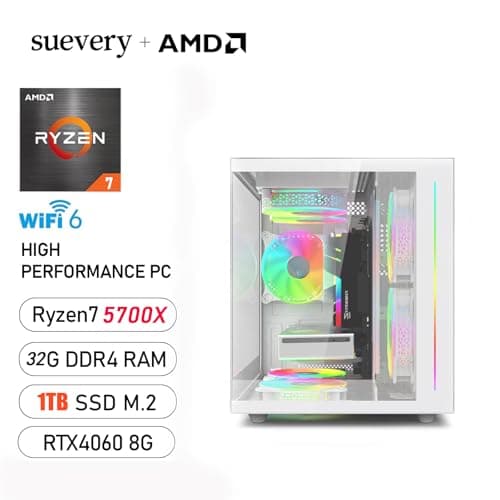 Pre Built Gaming PC RTX 4060 8G AMD Ryzen7 5700X(8Cores 3.4G UP to 4.6G) 1T SSD 32G RAM WI-FI 6 VR Business Desktop Computer White 4K