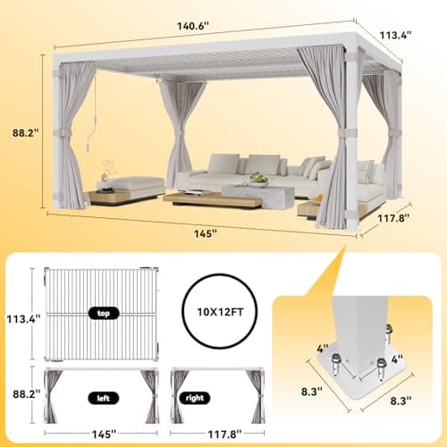 Louvered Pergola 10x12ft, Adjustable Aluminum Pergola with Waterproof Curtains and Nets, Sun & Rain Shade for Patio, Modern DIY Outdoor Living Upgrade, White