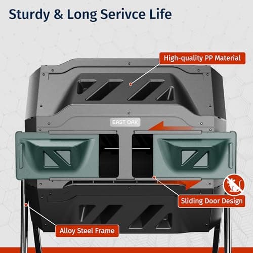 EAST OAK Compost Tumbler Outdoor, 43-Gal Dual Chamber Compost Bin with 2 Sliding Door and Aeration System, Tumbling Rotating Composter Bin for Kitchen, Garden, Yard