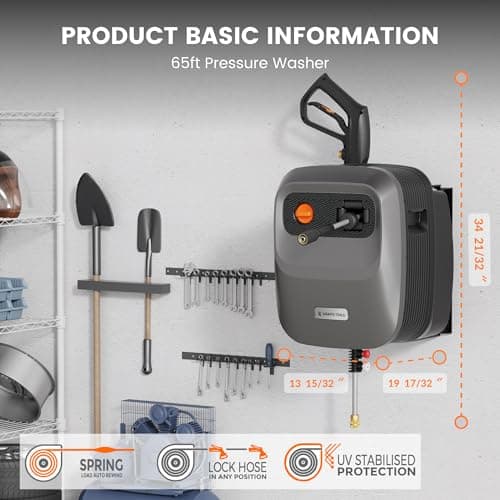 Giraffe Tools Grandfalls Pressure Washer G20 Pro, 2500 PSI 2.2 GPM, Wall Mounted Power Washer with 65FT Hose Reel, Ultra-Soft Pressure Hoses, 4 Nozzles for Floor/Cars/Fences/Patios, Dark Silver