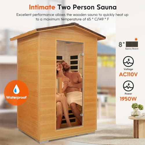 Outdoor Sauna 2 Person Far Infrared Saunas Dry Home Sauna Room Hemlock 1 to 2 Person Wood Sauna 1950W/110V Low EMF with Bluetooth Speaker, Reading Light, Cup Holder and Towel Rack - 47*39*82 IN