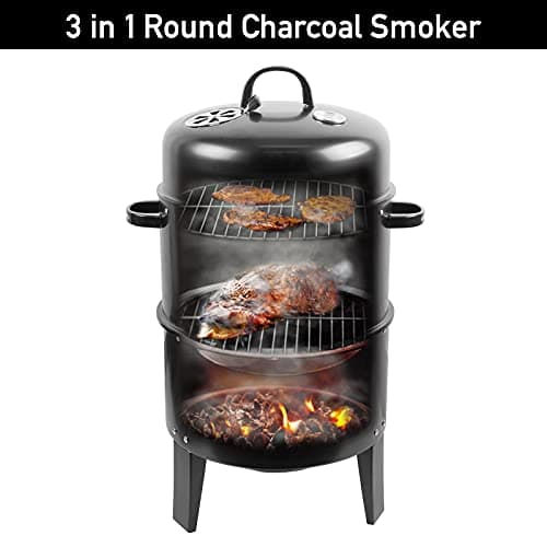 ZXMT 17 Inch Vertical Multi-Layer Steel Charcoal Smoker, Heavy Duty Round Charcoal BBQ Grill for Outdoor Smoking Grill with Thermometer Outdoor Home Party