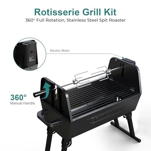 Brand-Man portable Charcoal Grill with Motor, 2-in-1 Adjustable Spit Roaster & BBQ Grill for Camping, Tailgating, Backyard, & Outdoor Cooking, Foldable Legs & dual side vents