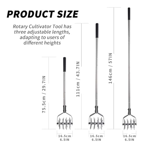 Rotary Garden Tool, Adjustable Hand Tiller, Long Handle Cultivator for Aerating, Weeding, Planting and Mixing Soil or Reseeding Grass