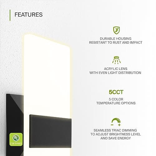 ASD 12 Inch LED Indoor Wall Sconce - Modern Interior 12W 2700K-5000K Adjustable Dimmable Wall Mounted Light Fixtures, Acrylic Glass Wall Lights for Stairway, Hallway - UL, Matte Black