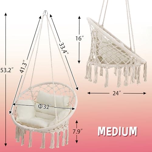 Macrame Hammock Hanging Swinging Chair with Medium Cushion, Perfect for Bedroom, Porch, Adults, Balcony, Beige