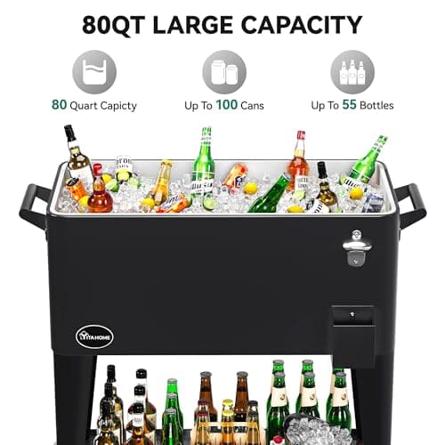 YITAHOME 80 Quart Patio Cooler Cart with Bottle Opener Drainage, Portable Rolling Beverage Cart for Pool Deck Party Cookouts
