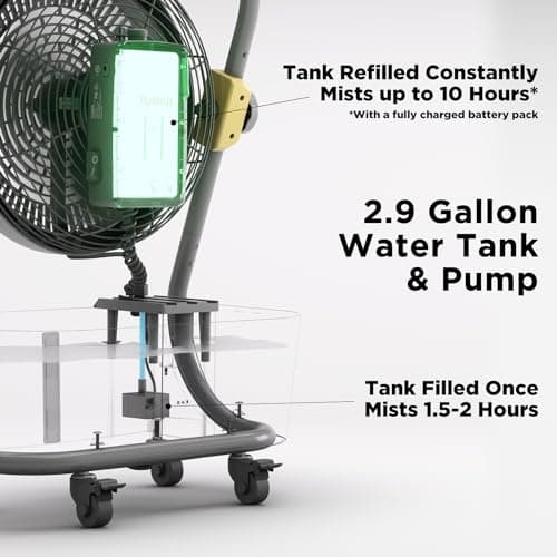 TURBRO Cordless Misting Fan with 11L Tank, High Pressure Spray Nozzles, 15ft Mist Range, Up to 50 Hours Run Time with Rechargeable Battery, 360° Swivel Wheels, Ideal for Patio, Pool and Outdoor Use