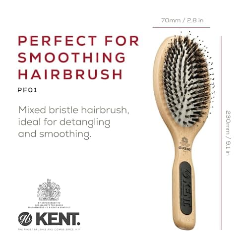 KENT PF01 Large Cushion Detangler Brush, Boar Bristle and Non-Scratch Nylon Mix Hairbrush for Straightening Smoothing. Oval Wood Paddle Detangling Hair Brush for Medium to Long Hair, Made in England