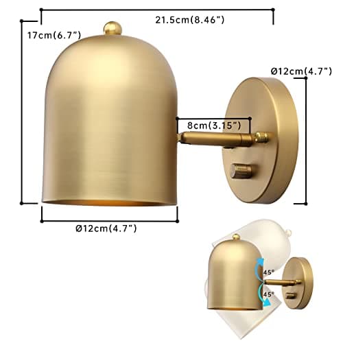 Pathson Modern Dimmable Wall Sconce Hardwired, Brass Finish Wall Light Lamp Adjust Light Head, E26 Bulb Base Reading Wall Lighting Decor for Living Room Bedroom Hallway