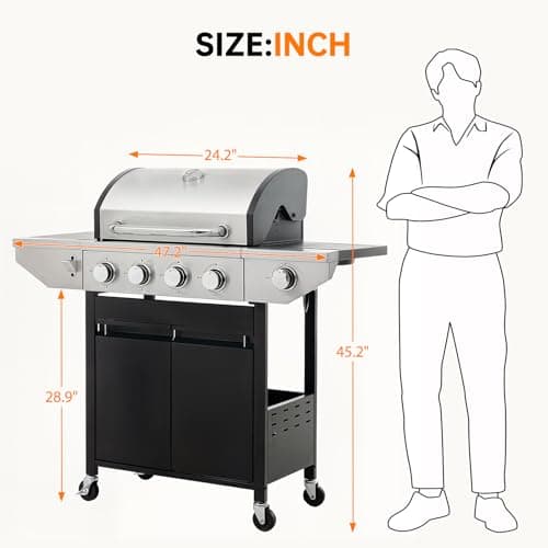 4 Burner Propane Gas Grill with Side Burner, Stainless Steel BBQ Grill 48,500 BTU for Outdoor Cooking Kitchen, Garden and Patio Backyard Barbecue, Black and Silver