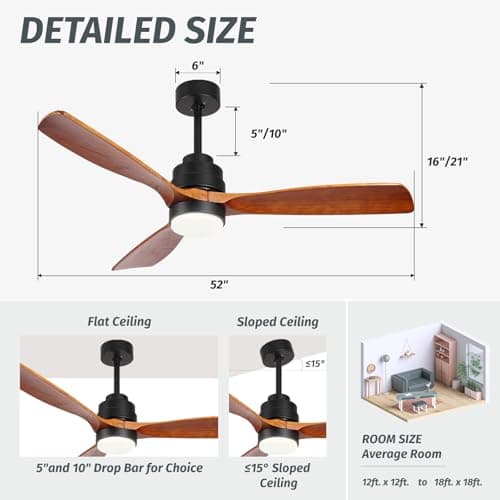 Wood Ceiling Fan with Light,Energy Saving,Ultra-Quiet DC Motor,3 Blades,6 Speed,Outdoor/Indoor Ceiling Fan for Patio,Deck,Porch,Bedroom,Living Room,Brown Walnut