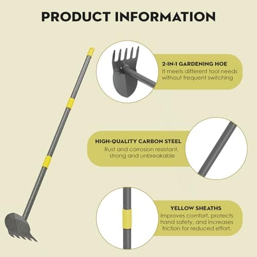 Garden Hoe, 17 to 45 Inch Hoe Garden Tools with Adjustable Handle Length, 2 in 1 Weeding Tool with 5 Tooth Rake, Hoe Garden Tool for Loosening Soil, Planting, Weeding
