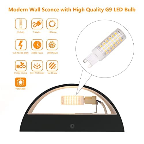 Aipsun Black Modern LED Wall Sconce Indoor Wall Lights 1 Pack Hardwired Up and Down Wall Mount Light for Living Room Bedroom Hallway Corridor Conservatory Warm White 3000K(with G9 Bulbs)