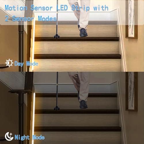 echosari Battery Operated Motion Sensor Cabinet Strip Lights, 9.8Ft 90 LED Counter Closet Strip Light, Motion & Night Sensor Safe Tape Light for Stairs,Wardrobe,Kitchen (Warm White)