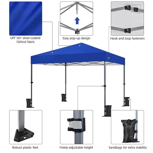 Yaheetech 10x10 1-Person Setup Pop Up Canopy Tent, Instant Portable Commercial Canopy Tent, Outdoor Gazebo with 1-Button Push, Wheeled Bag & 4 Sandbags for Home, Party & Outdoor Activities, Blue