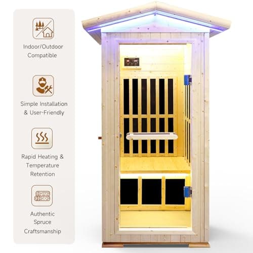 Outdoor Sauna 1 Person for Home Backyard Sauna Outdoor Infrared Sauna 1 Person Dry Sauna for Home Far Infrared Sauna Outdoor Spruce Wood Sauna 1300W Low EMF Single Person Infrared Sauna Room in Home