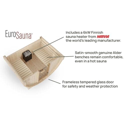 EuroSauna 2-Person Outdoor Barrel Sauna with Shingles, Lighting, & 6kW Harvia Sauna Heater, 81x59