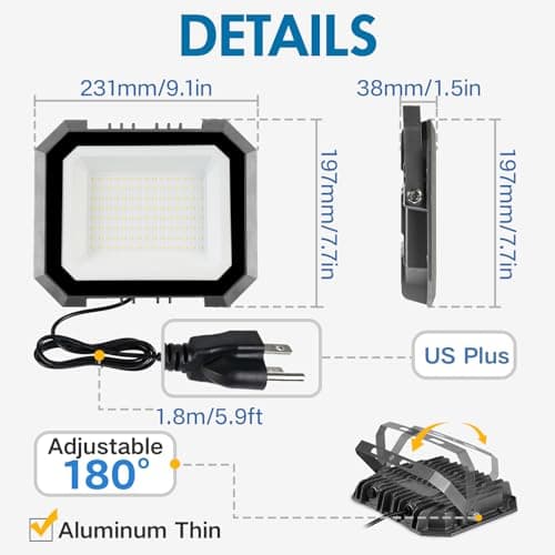 2 Pack LED Flood Lights Outdoor, 100W 10000LM Super Bright Floodlight Outside Work Light with 5.9FT Plug, IP65 Waterproof 6000K Outdoor LED Flood Light for Garage, Yard, Lawn, Garden