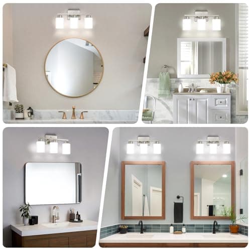 Brushed Nickel Bathroom Light Fixtures, 3-Light Modern Vanity Light Over Mirror, Wall Sconces with Milky White Frosted Glass Shades, E26 Socket (Bulbs Not Included)
