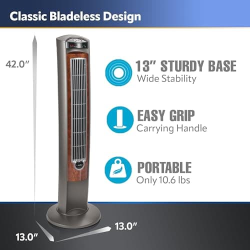 Lasko Oscillating Tower Fan, Nighttime Setting, Remote Control, Portable, Timer, for Bedroom, Home and Office, 3 Quiet Speeds, 42.5", Silverwood, T42954, woodgrain and grey
