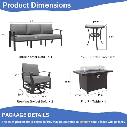 ALAULM Aluminum Patio Furniture Set with Propane Fire Pit Table 5-seat Metal Outdoor Furniture w/Fire Pit Patio Sectional Sofas w/5.2" Cushions for Patio, Backyard, Poolside-Grey