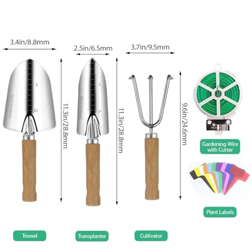 LeMotech Garden Tool Set, 3Pcs Stainless Steel Heavy Duty Gardening Kit Including Trowel Transplanter Cultivator Gardening Hand Tools with Handle, Planting Tool for Women Men