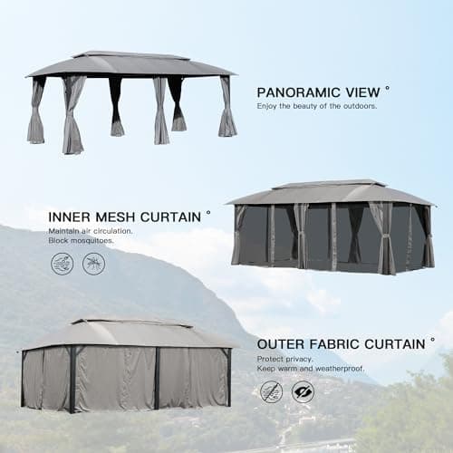 Domi Gazebo 10x20FT, Outdoor Gazebo with Double Roofs, Privacy Curtains, Mosquito Nettings, Heavy Duty Metal Frame Party Tent Canopy for Patio, Backyard, Deck, Lawn, Grey