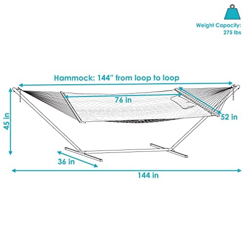 Sunnydaze Rope Hammock with Stand Combo - 275-Pound Capacity - Includes 12-Foot Hammock Stand, Spreader Bar, Pad, and Pillow - Modern Lines