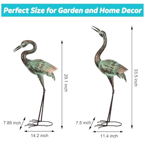 Shorayn Garden Crane Statues, Blue Heron Sculptures for Outdoor, Cranes Decor Metal Bird, Patina Garden Art Lawn Ornaments for Yard Patio Porch Outside Decorations