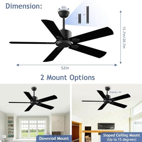 52 Inch Ceiling Fan No Light - Outdoor Indoor Flush Mount Low Profile DC Motor Fan with Remote, 5 Blades Reversible Silent Fan for Patio, Bedroom, Living Room, Garage