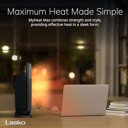 Lasko MyHeat Max Personal Ceramic Space Heater, Tip Over Switch, Overheat Protection, 2 Heat Settings, Adjustable Thermostat, Timer, for Indoor Use, Home, Office, 9 Inches, 1500W, Black, CD09101