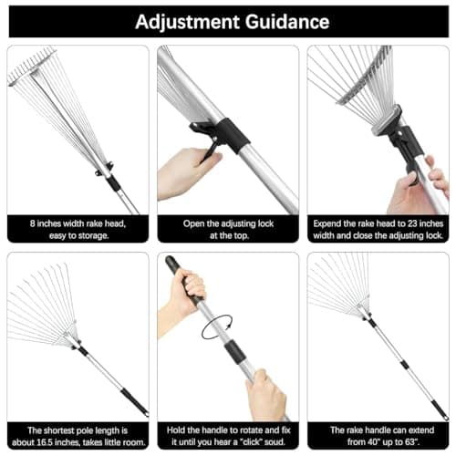 Buyplus Adjustable Garden Leaf Rake - 24 to 63 Inch Telescopic Metal Expandable Folding Leaves Rake for Lawn Yard, Flowers Beds, Black