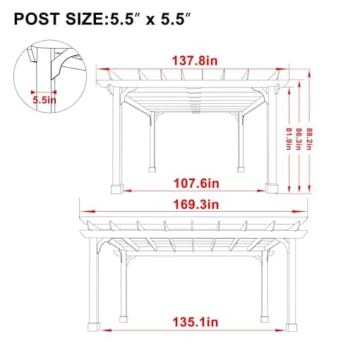 12x14 FT Wooden Pergola with Flat Roof, Cedar Wood Gazebo with Stakes Included, Outdoor Garden Shelter for Patio, Deck, Backyard, Lawn