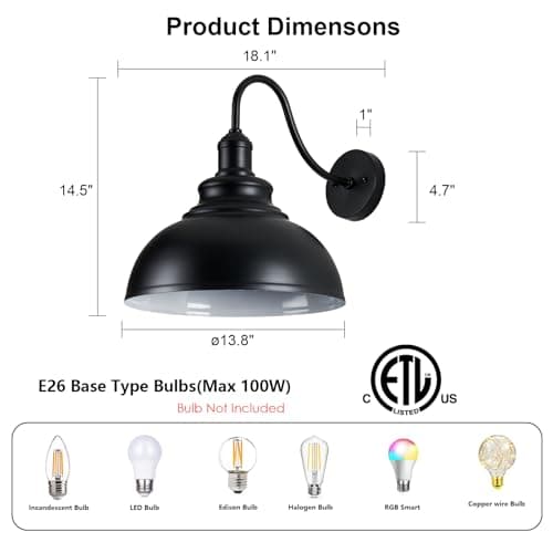 2 Pack Outdoor Wall Lights 14 inch Exterior Barn Wall Sconce Fixture Wall Mount Lantern Waterproof Black Wall Lamps Lumiere Outside Porch Lights House Garage Doorway Patio Front Door Entryway