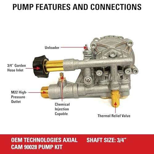 OEM Technologies 90028 Horizontal Axial Cam Replacement Pressure Washer Pump Kit, 3300 PSI, 2.4 GPM, 3/4" Shaft, Includes Hardware and Siphon Tube, for Residential and Industrial Gas Powered Machines, Silver